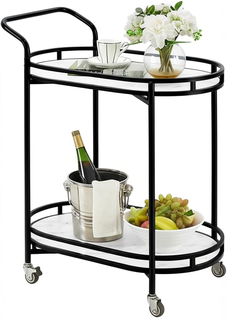 Iron Frame Kitchen Serving Trolley Table with 2 Marble Shelf Serving Trolley Table for Bar, kitchen, Tea Coffee Cart for Home
