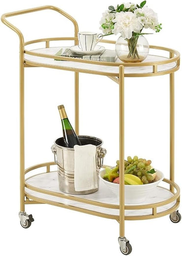 Iron Frame Kitchen Serving Trolley Table with 2 Marble Shelf Serving Trolley Table for Bar, kitchen, Tea Coffee Cart for Home