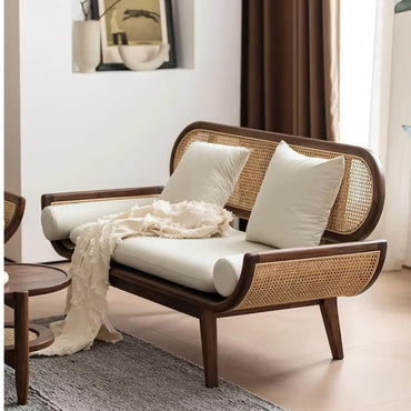 Rosewood Modern Rattan Sofa with Curved Arms Comfortable Seating for Living Bedroom, High-Density Foam