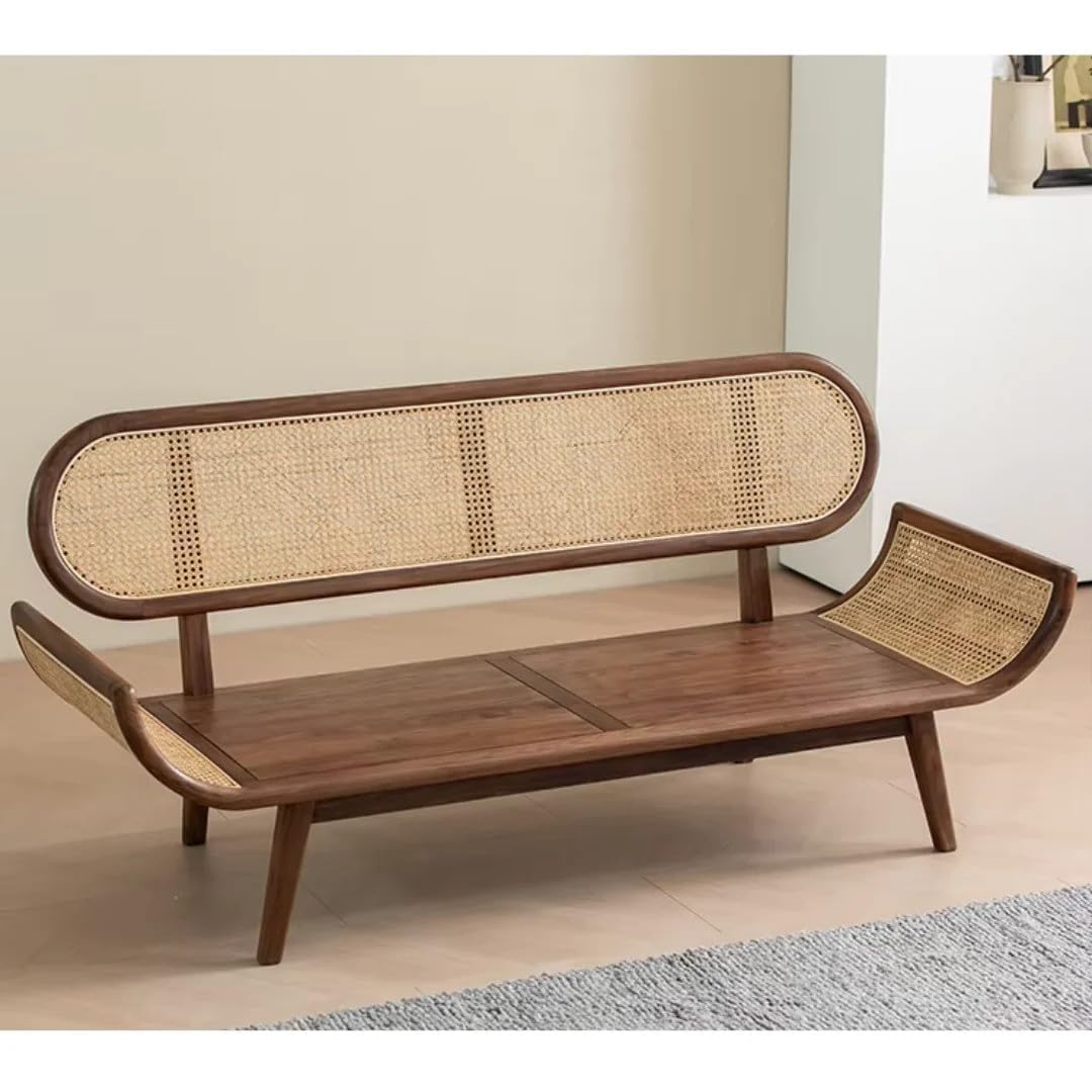 Rosewood Modern Rattan Sofa with Curved Arms Comfortable Seating for Living Bedroom, High-Density Foam