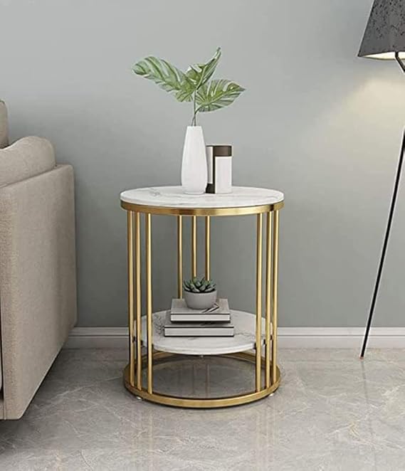 Round Metal Creative Table with Marble Design best for Telephone, Tea, Coffee Table with 2 Shelf for Bedroom, Living Room