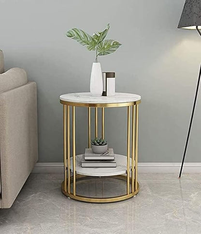 Round Metal Creative Table with Marble Design best for Telephone, Tea, Coffee Table with 2 Shelf for Bedroom, Living Room