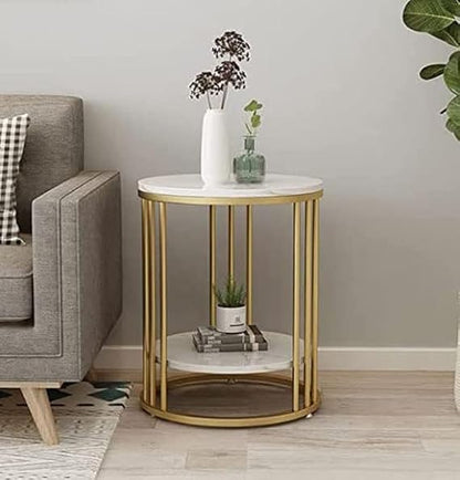 Round Metal Creative Table with Marble Design best for Telephone, Tea, Coffee Table with 2 Shelf for Bedroom, Living Room