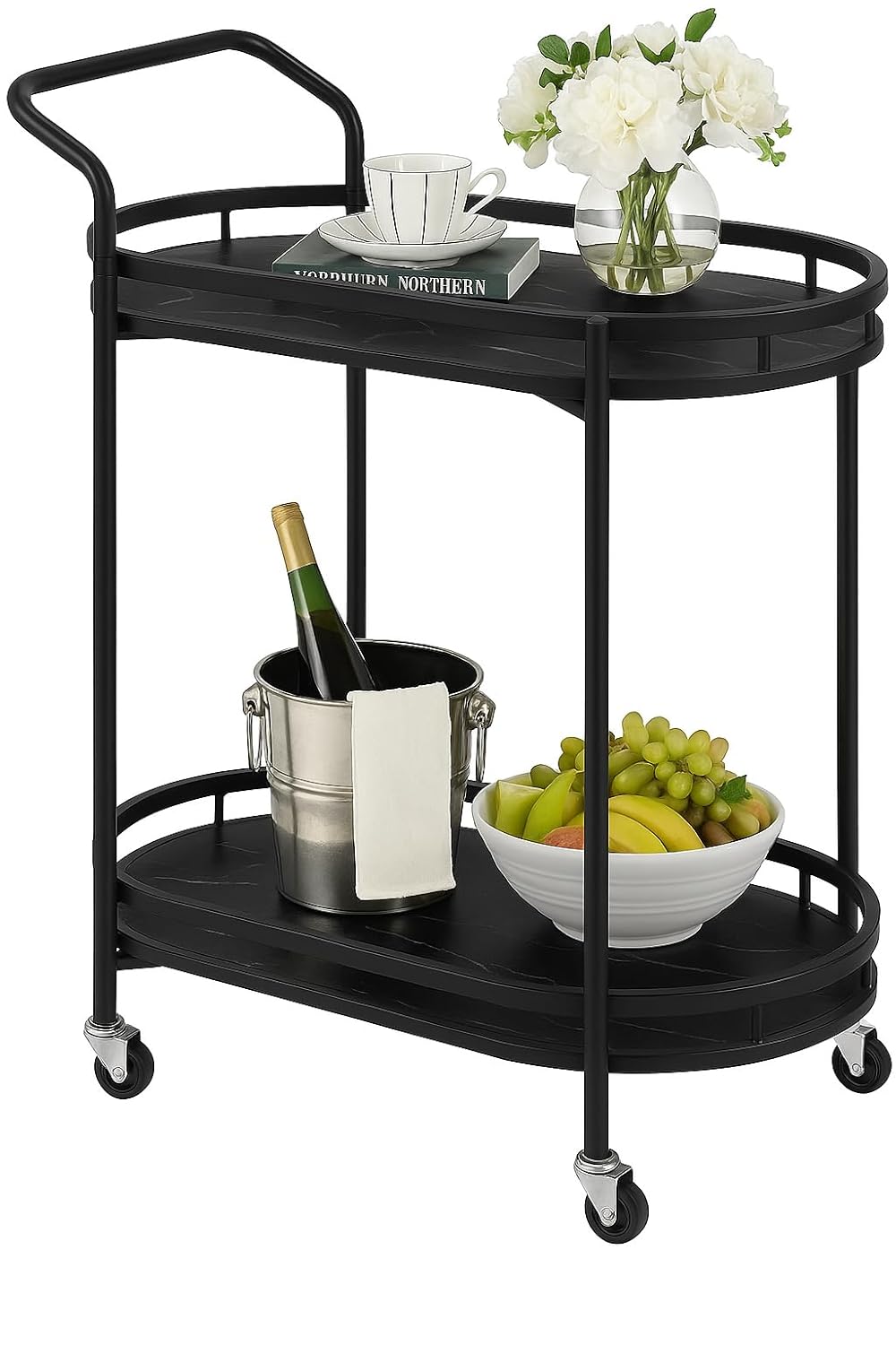 Iron Frame Kitchen Serving Trolley Table with 2 Marble Shelf Serving Trolley Table for Bar, kitchen, Tea Coffee Cart for Home