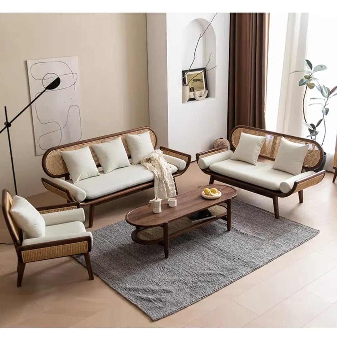 Rosewood Modern Rattan Sofa with Curved Arms Comfortable Seating for Living Bedroom, High-Density Foam
