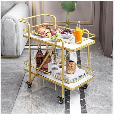 Metal Coffee Table with 2 Shelf , Marble or Movable Wheels Multi-Functional Trolley for Home & Restaurants