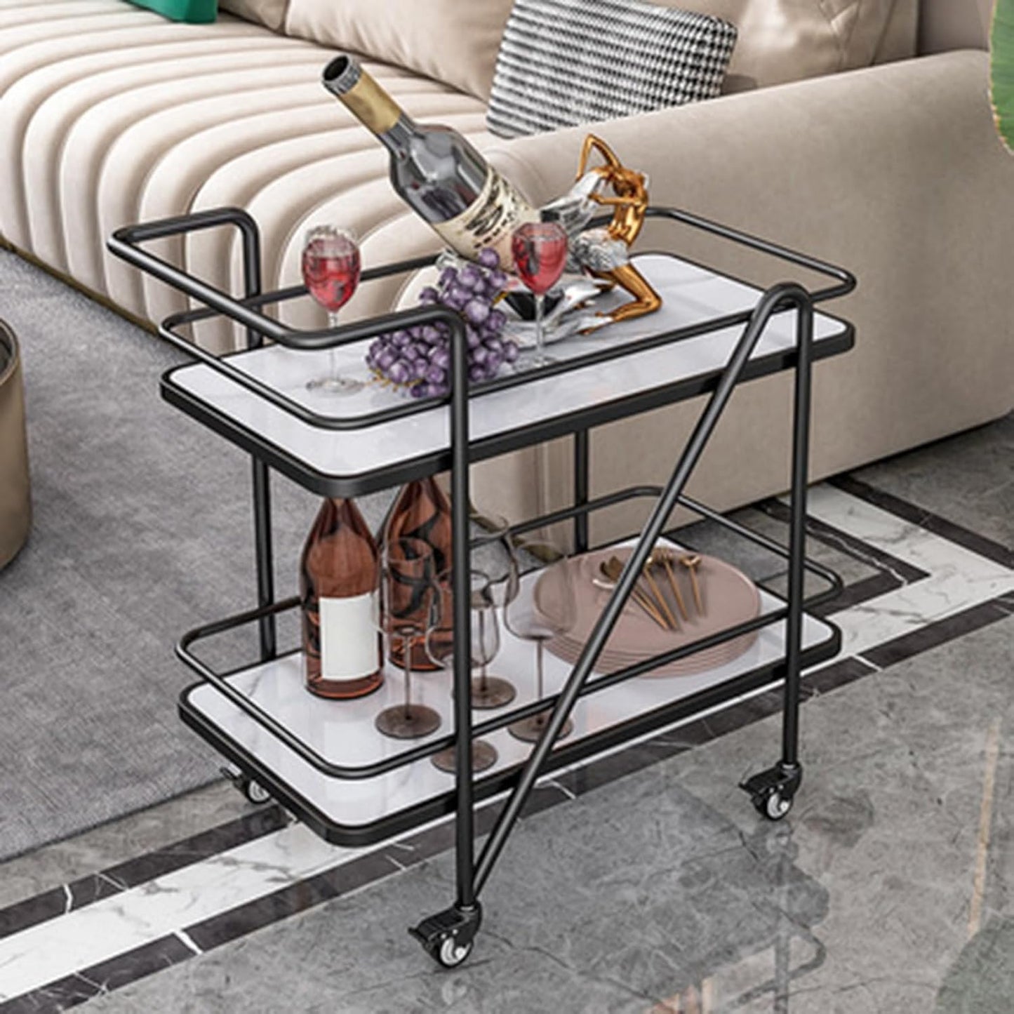 Metal Coffee Table with 2 Shelf , Marble or Movable Wheels Multi-Functional Trolley for Home & Restaurants