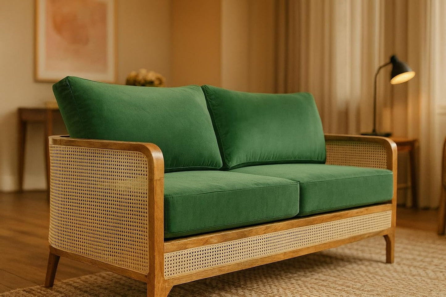 Teak Wood Modern Rattan Sofa Cane Design with Natural Finish For Living Room Office