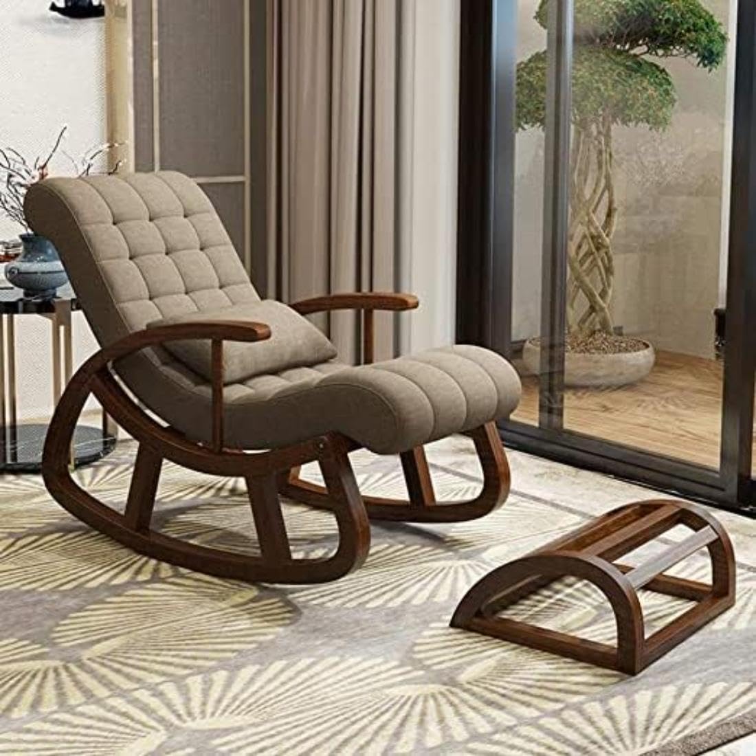 Sheesham Wood Rocking Chair With Wooden Footrest Relaxable Arm Chair for Garden