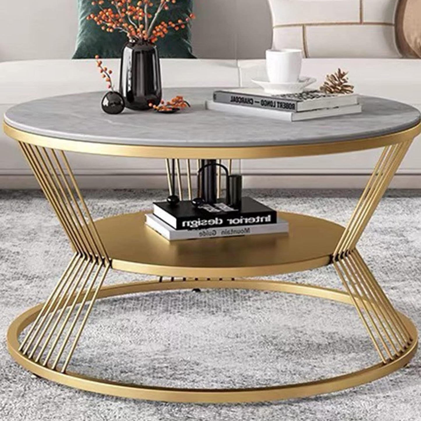 Round Coffee Table with 2 Shelf Storage Wooden Tabletop-Marble White Print with Gold Frame.