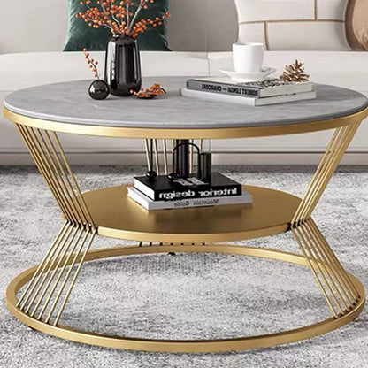 Round Coffee Table with 2 Shelf Storage Wooden Tabletop-Marble White Print with Gold Frame.