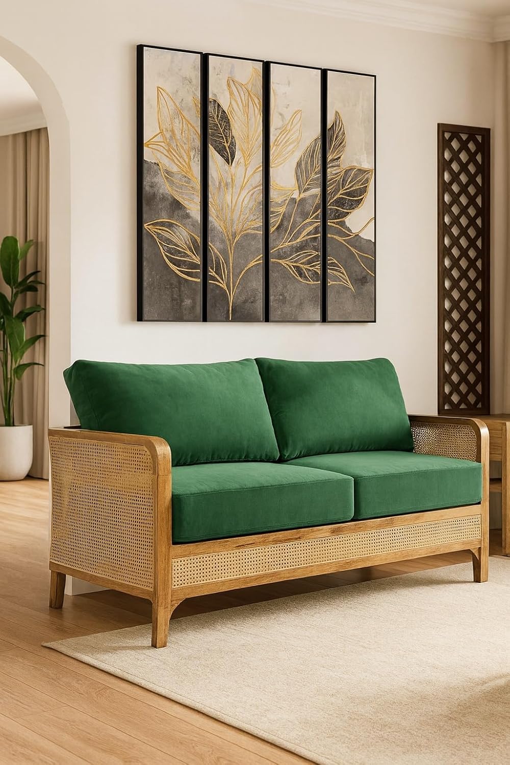 Teak Wood Modern Rattan Sofa Cane Design with Natural Finish For Living Room Office