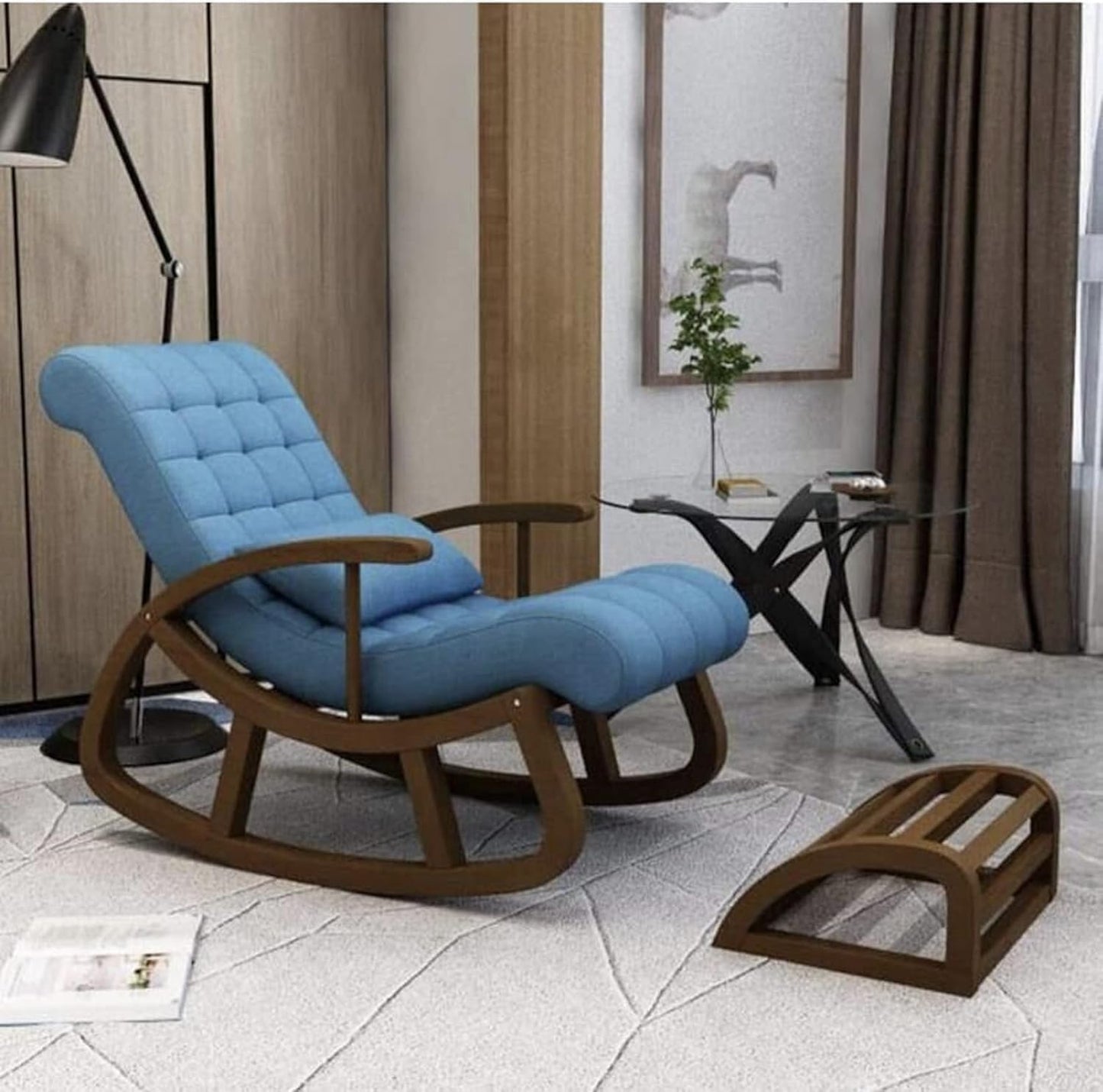 Sheesham Wood Rocking Chair With Wooden Footrest Relaxable Arm Chair for Garden