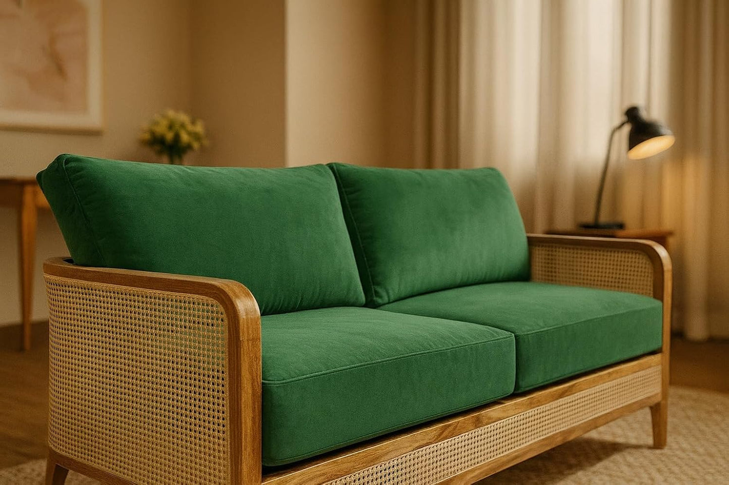 Teak Wood Modern Rattan Sofa Cane Design with Natural Finish For Living Room Office