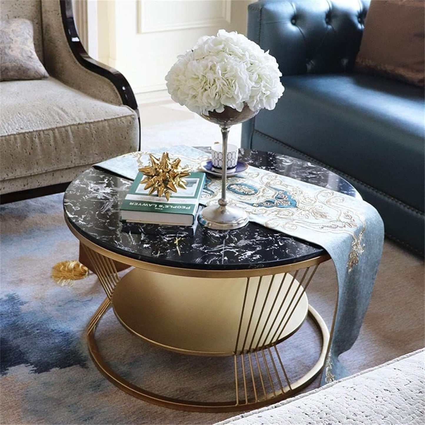 Round Coffee Table with 2 Shelf Storage Wooden Tabletop-Marble White Print with Gold Frame.