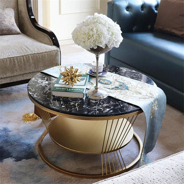 Round Coffee Table with 2 Shelf Storage Wooden Tabletop-Marble White Print with Gold Frame.