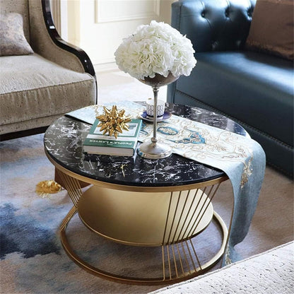 Round Coffee Table with 2 Shelf Storage Wooden Tabletop-Marble White Print with Gold Frame.