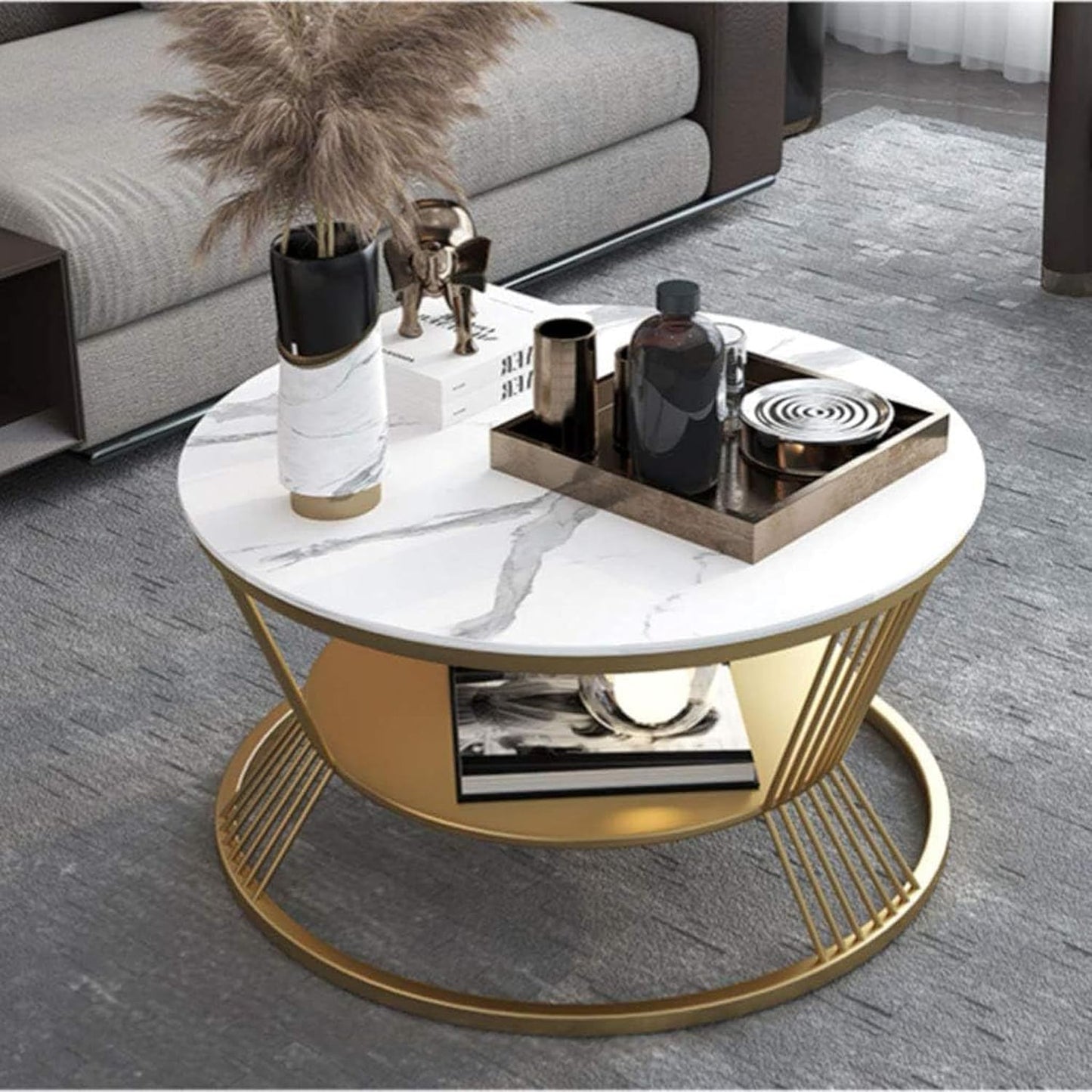 Round Coffee Table with 2 Shelf Storage Wooden Tabletop-Marble White Print with Gold Frame.