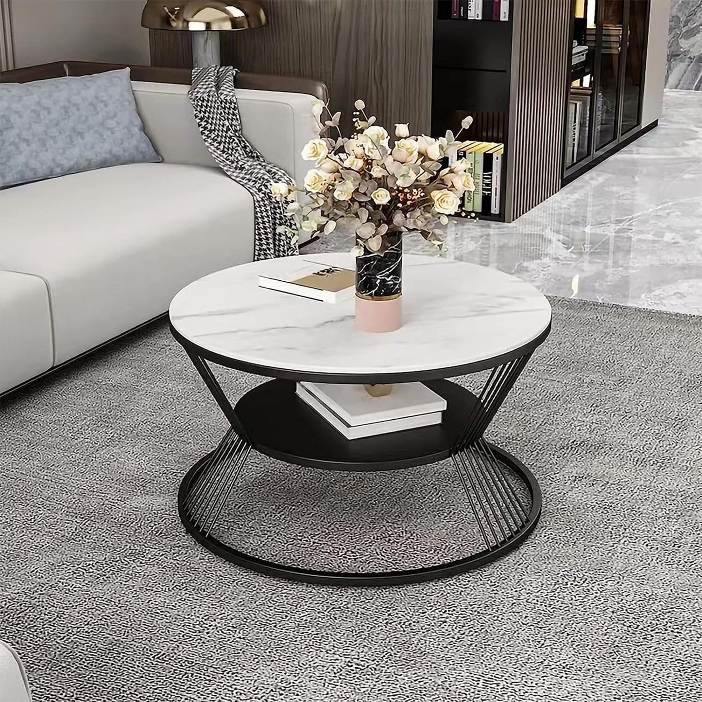 Round Coffee Table with 2 Shelf Storage Wooden Tabletop-Marble White Print with Gold Frame.