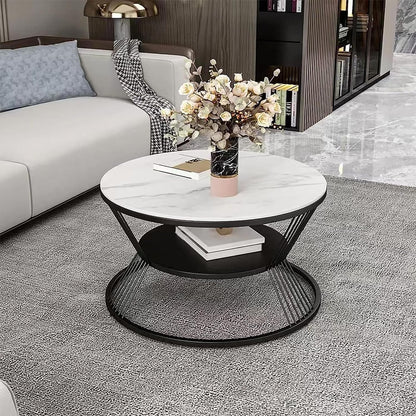 Round Coffee Table with 2 Shelf Storage Wooden Tabletop-Marble White Print with Gold Frame.