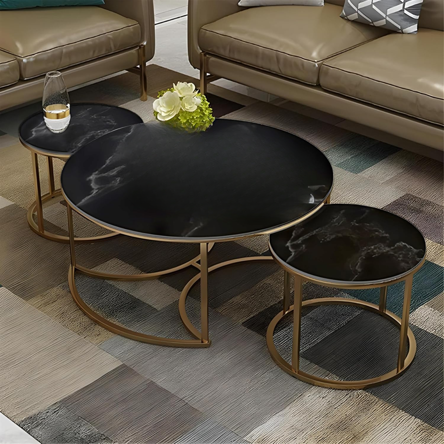 3 Piece of Round Coffee Table 1 Center Table And 2 End Nesting Tables Wooden with Marble Top space saving table.