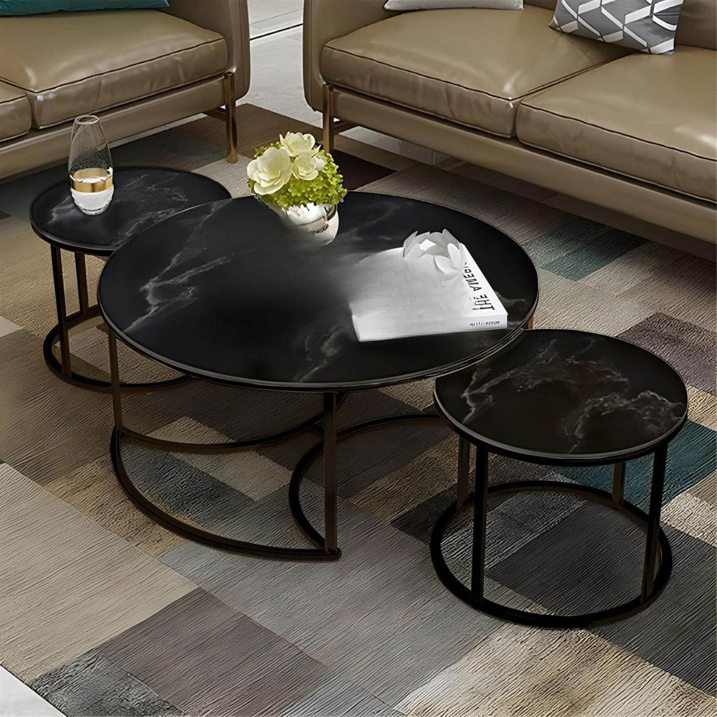 3 Piece of Round Coffee Table 1 Center Table And 2 End Nesting Tables Wooden with Marble Top space saving table.