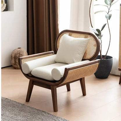 Rosewood Modern Rattan Sofa with Curved Arms Comfortable Seating for Living Bedroom, High-Density Foam